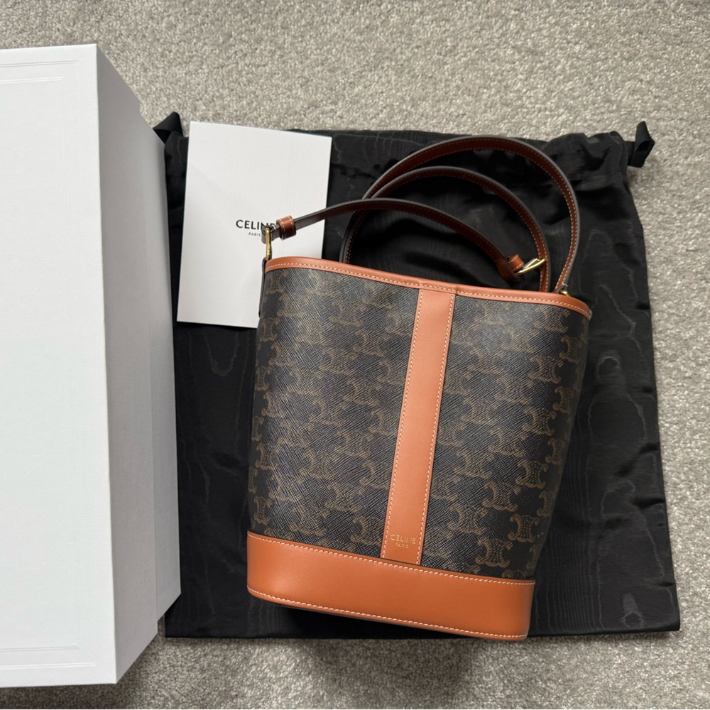 CELINE SMALL BUCKET IN TRIOMPHE CANVAS AND CALFSKIN